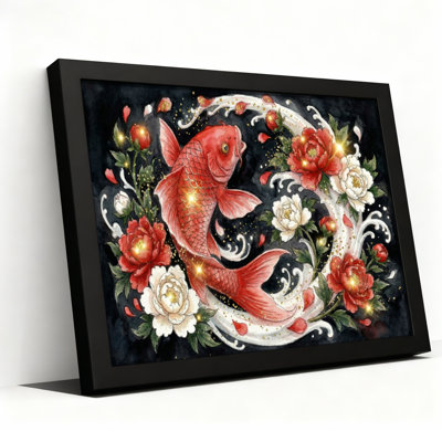 Koi Fish And Flowers Canvas Wrapped Wall Art Oil Painting Print Set Of 1