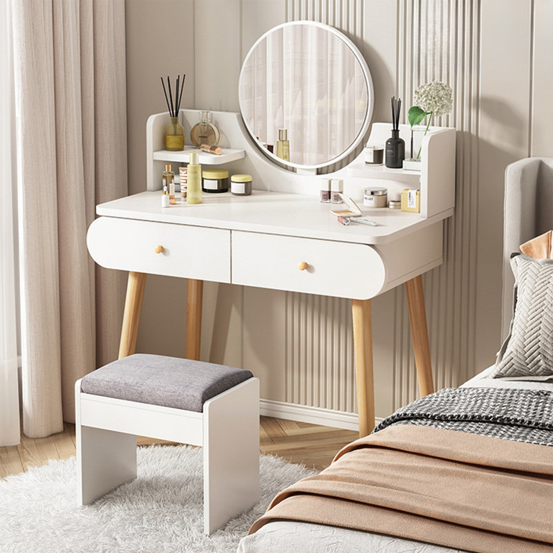 Vanity Table Set with Mirror, Modern Makeup Vanity Dressing Desk with 2 Drawers & 2 Shelves ,White (Without Stool)