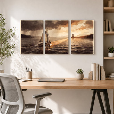 Toile sépia et phare sous la pluie, ensemble de 3 toiles