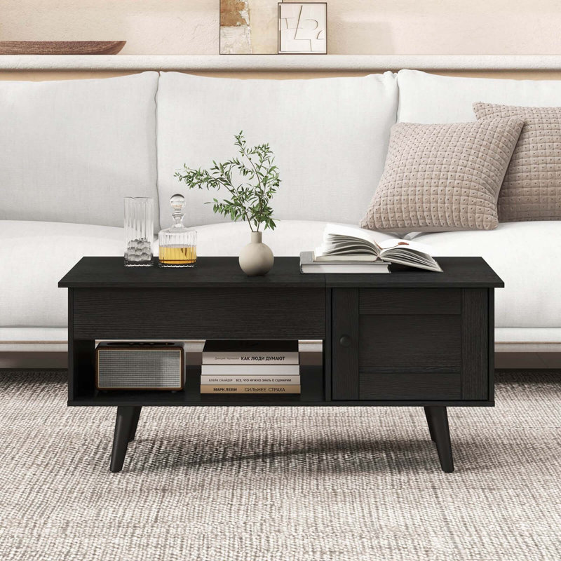 Table basse à plateau relevable avec rangement ouvert et tablette ouverte George Oliver, Noir
