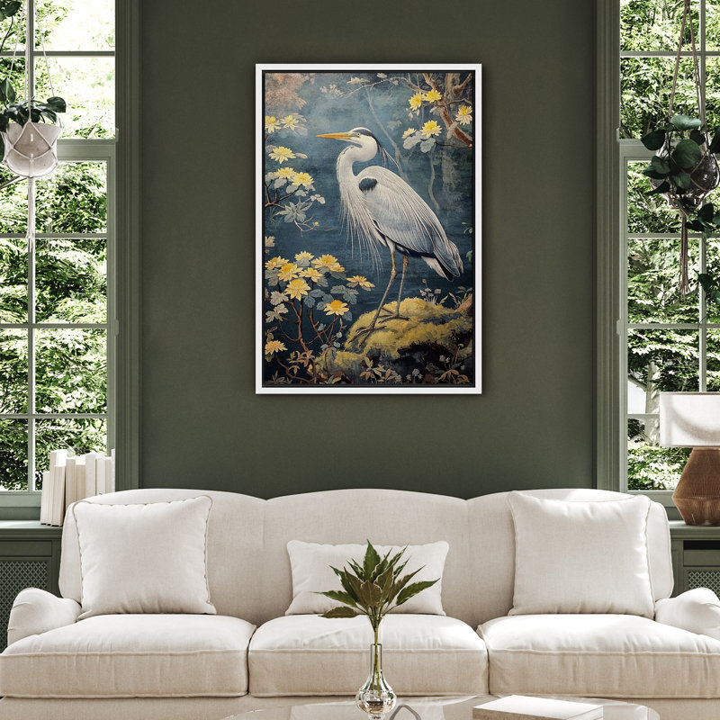 «Blue Heron in Lotus Garden», reproduction d'art sur toile encadrée d'inspiration orientale pour une salle de bain zen tranquille ou un décor d'étude serein