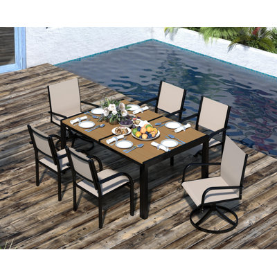 6-People Outdoor Rectangular Dining Set With  Textilene Chair ,Upgraded Patio Dining Table Set With 2 Swivel Chairs