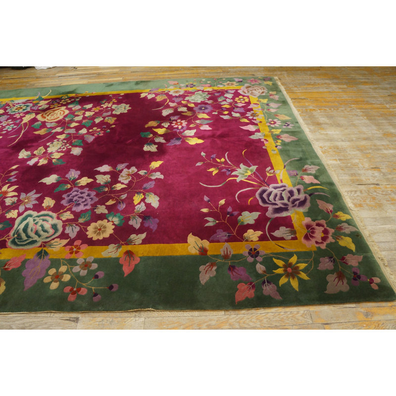 Antique Art Deco Chinese Floral Green, Red 1920s Rug