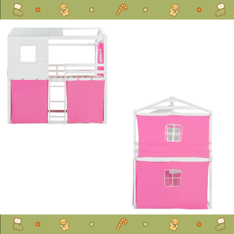 Bunk Wood House Bed With Tent, Full, Pink/White