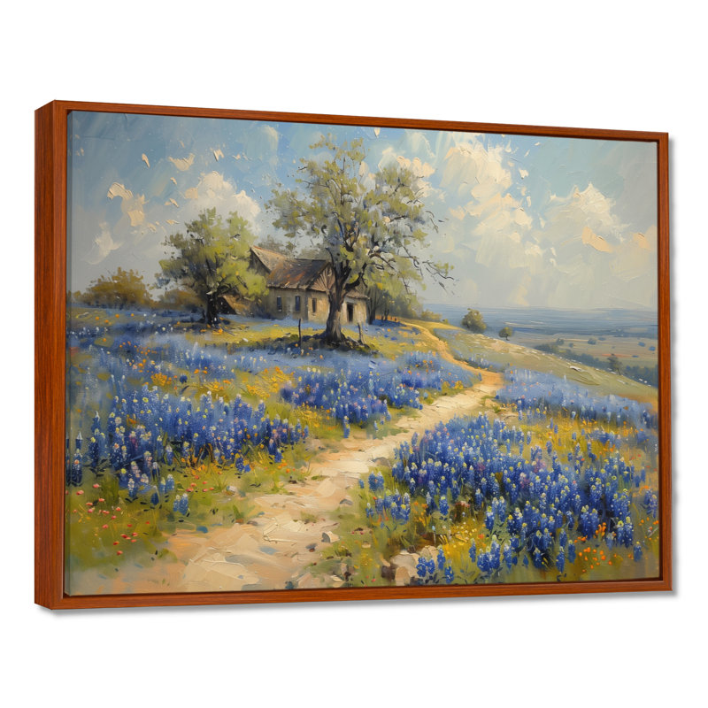 «Blue Green Summer Meadow Charm Blue Bonnets II - Blue Bonnets», art mural, Toile avec cadre flottant brun