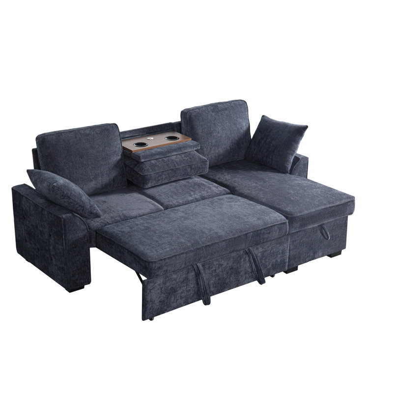 Canapé modulaire en chenille bleu foncé à 3 places avec porte-gobelet intégré, plateau amovible et rangement dissimulé, idéal pour les soirées de jeux, chaise longue modulaire convertible, sièges