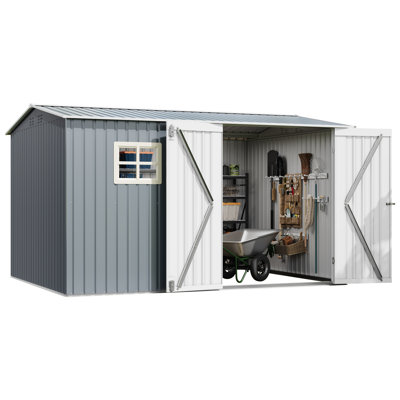 Espace de rangement extérieur spacieux en métal résistant aux intempéries - portes verrouillables doubles 10 x 8 pi, fenêtre et évents, organisateur de jardin sécurisé pour le patio, équipement de pelouse - gris, couleur: gris