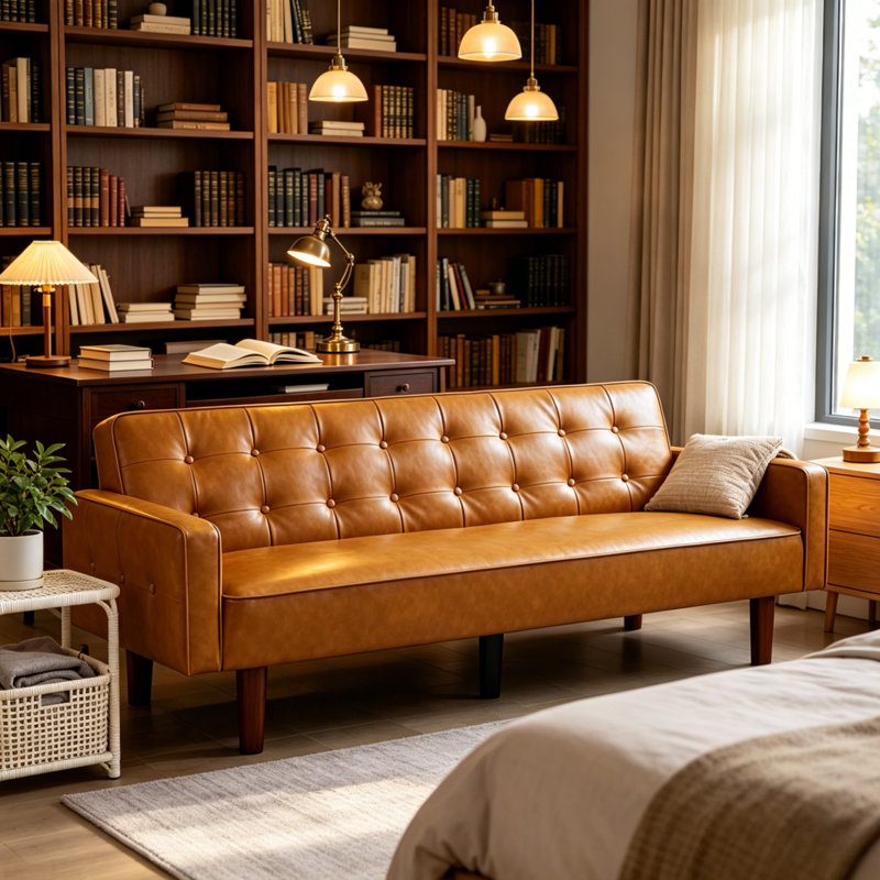 Modern 4-Seater Convertible Folding PU Leather Sofa Bed With Solid Wood Frame & Detachable Wood Legs For Living Room And Bedroom