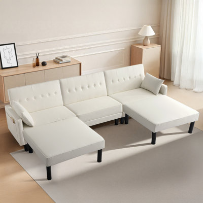 106.3" Convertible Futon Sofa Bed With 2 Ottomans, Adjustable Split Back, Storage Pockets & Pillows, PU Leather Sleeper Recliner For Living Room Bedroom Office Small Space