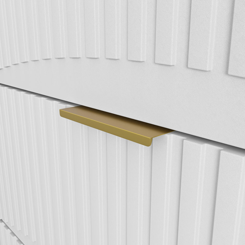 Commode cannelée l 63 po à 9 tiroirs avec poignée dorée, Blanc
