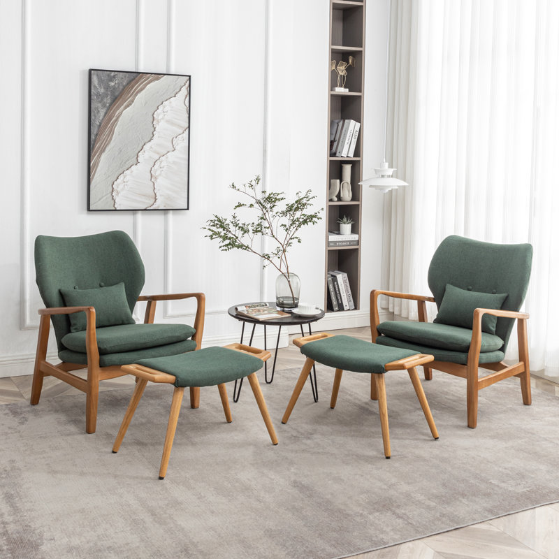 Koutsky Upholstered Accent Chair with Ottoman, Green Linen Blend