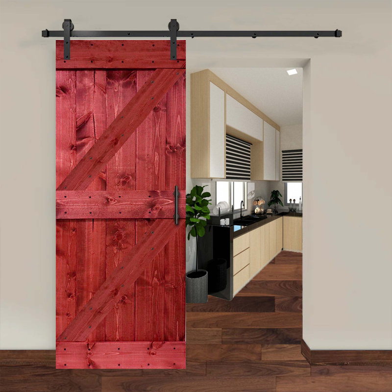 Porte de grange coulissante en bois de pin avec trousse de quincaillerie d'installation, Rouge cerise, 40 po x 84 po