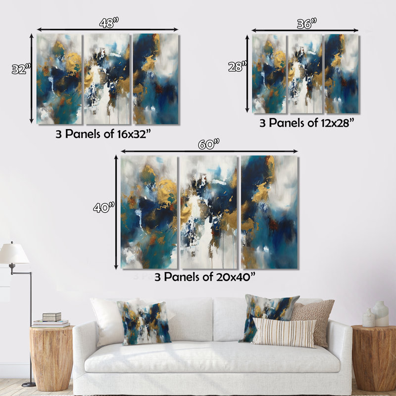 «Feeling Spirit» abstrait en bleu Nova et or I 3 pièces, H 28 po x l 36 po x P 1 po