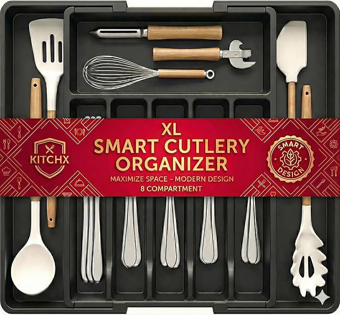 Rangement à couverts extensible pour tiroirs de cuisine | grand plateau à couverts à 8 fentes avec 2 blocs à couteaux de la série Pro | Séparateur pour couverts et ustensiles, support réglable pour fourchettes à cuillères, noir sans Bpa