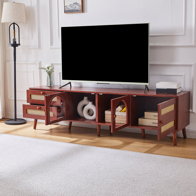 70" Rattan Tv Stands With 3 Cabinets & 2 Drawers,Led Light Entertainment Center For Tv Up To 80"