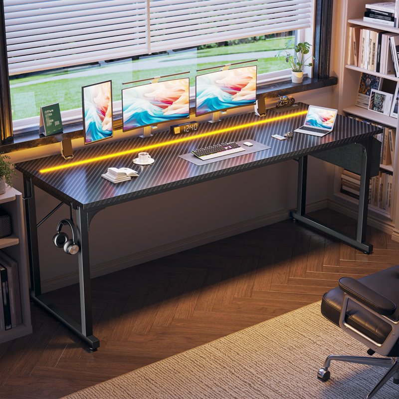 Bureau d'ordinateur à domicile avec lumières DEL pour petits espaces, bureau d'écriture avec sac de rangement et crochet pour casque d'écoute