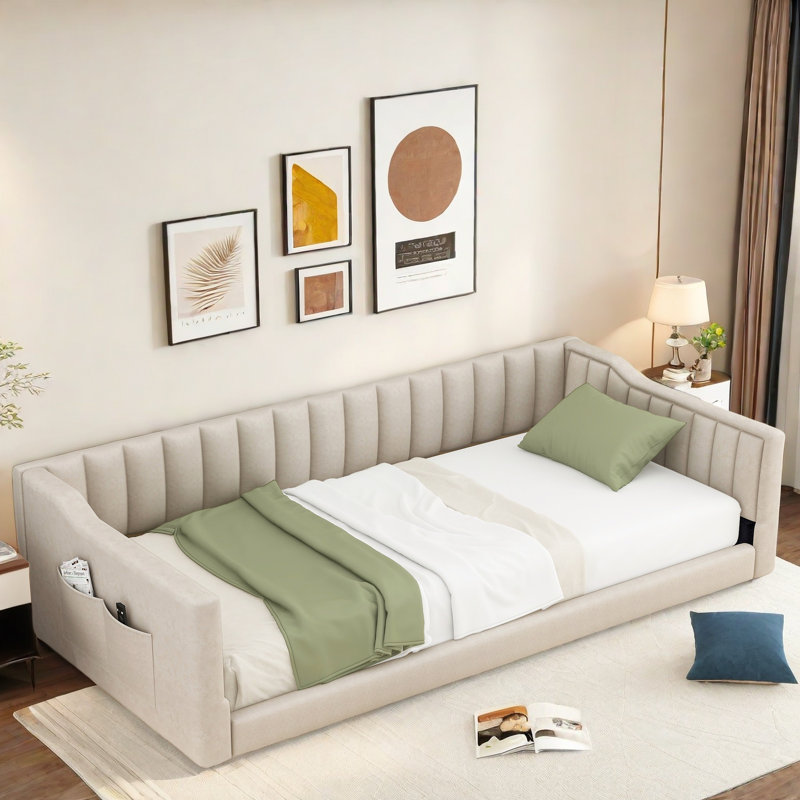 Upholstery Daybed With Side Storage Pockets And Vertical Stripe Design, Beige, Twin XL