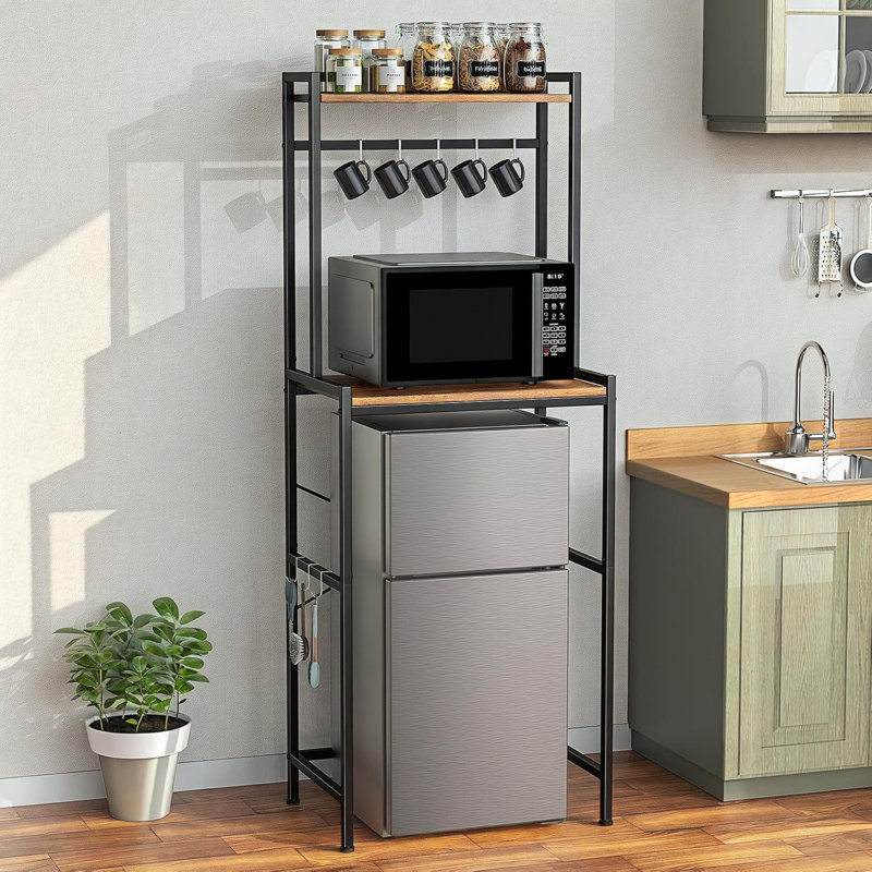Mini Fridge Stand With Storage,Height Adjustable With 8 Hooks,Brown