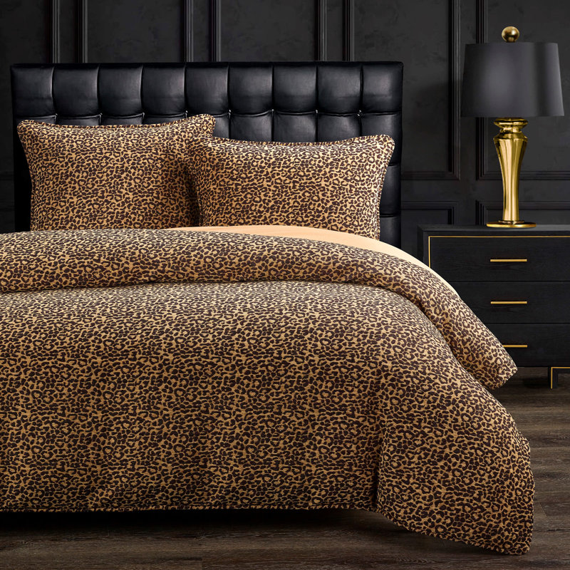 Adrienne Gold Black Leopard Print Chenille Fabric Classic Modern Rustic Comforter Set, Queen Comforter  + 2 Pillowcases