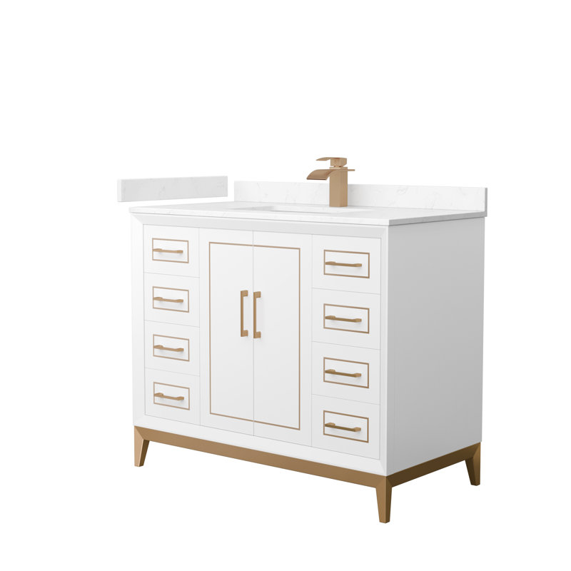 Ensemble de meuble-lavabo simple 42 po Marlena, Marbre de culture blanc, Blanc, Bronze satiné