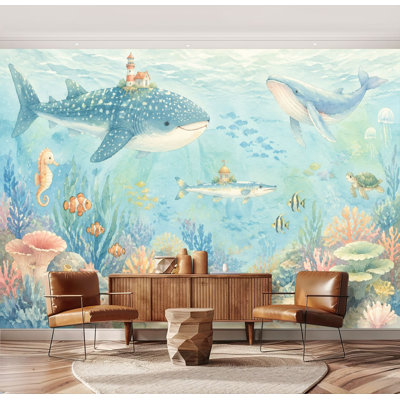 Wall Mural Peel and Stick Whale Shark Coral Underwater Ocean Life Watercolor Large Wallpaper Self-Adhesive Removable Contact Paper Wall Decor for Living Room Bedroom Nursery 69"H x 96"W