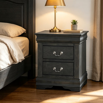 Table de chevet en pin massif gris foncé, 61 cm P x 38 cm L x 61 cm H, table de chevet à 2 tiroirs pour chambre à coucher