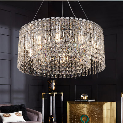 Lustre moderne rond en cristal de 56 cm (22 po), suspension tambour en cristal K9 à 10 lumières, hauteur réglable, chromée, pour salle à manger, salon, chambre ou hall d'entrée.