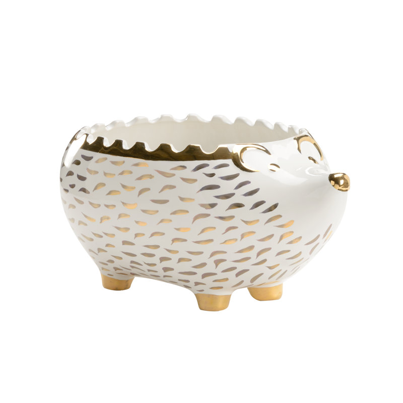 Hedgehog Ceramic Planter, White/Gold
