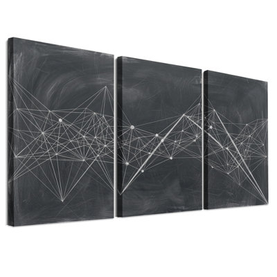 Ensemble de 3 toiles murales représentant des lignes géométriques blanches sur fond noir.