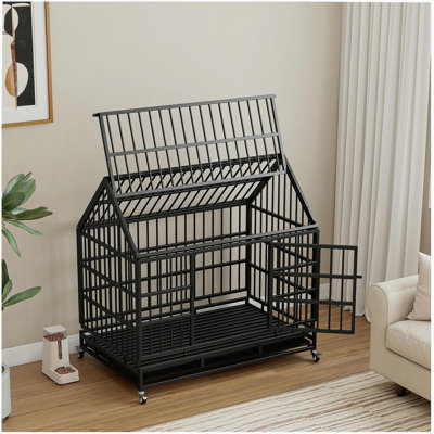 48 Inch Heavy Duty Dog Crate with Wheels, Folding Metal Big Dog Cage for Large and Medium Dogs, Cage with a pointed roof and Removable Tray.