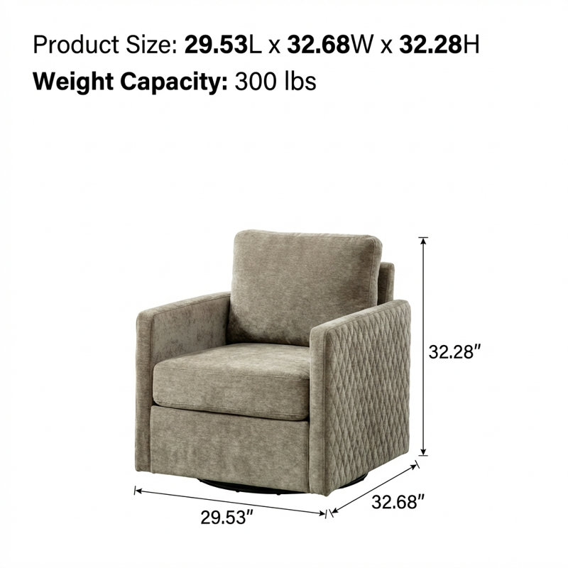 Fauteuil d'appoint rembourrÃ© pivotant Ã  360 degrÃ©s, avec compartiment de rangement dissimulÃ© et accoudoirs carrÃ©s capitonnÃ©s en losanges, comprenant un coussin rÃ©versible