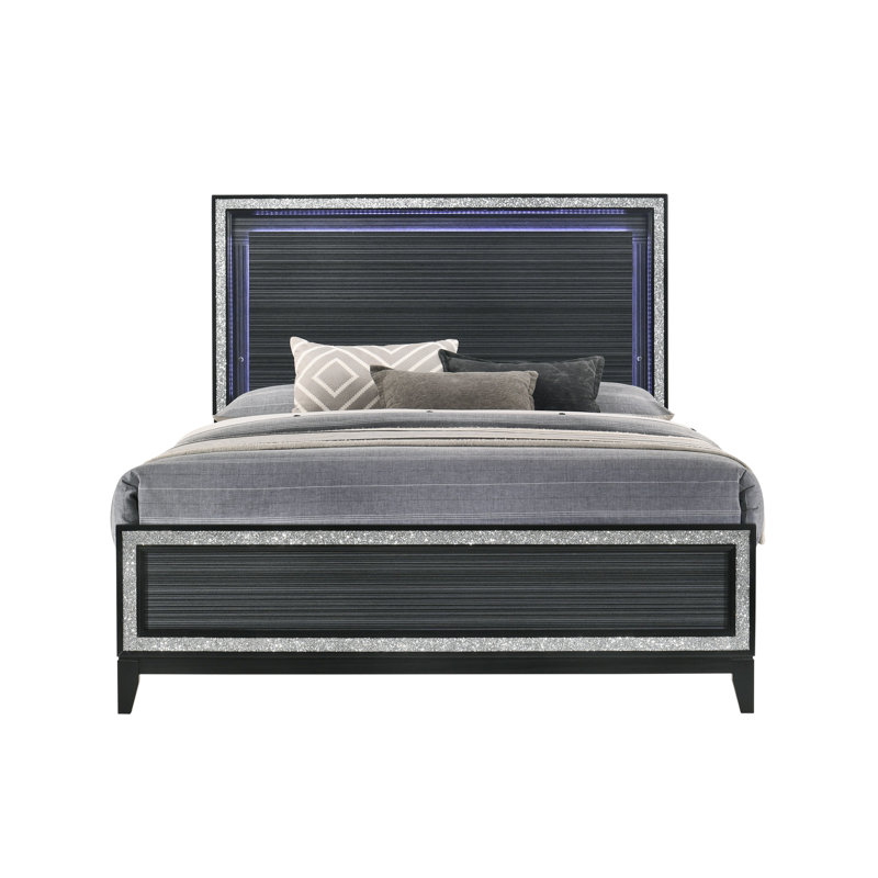 Grand lit à DEL en bois d'hévéa noir patiné, capacité de 660 lb, élégant avec détails de garniture intégrés et argentés en bois composite, poids et élégance