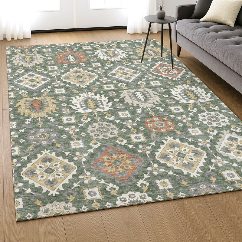 Premium Machine Washable Mayfield AMF2200 bohemian Rug, Green, 2'6" x 3'10"