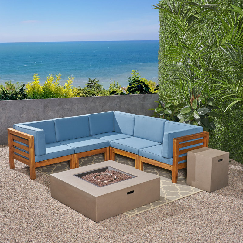 Ajanai 4 - Person Modular Patio Conversation Set with Cushions, Teak Frame / Blue Cushion