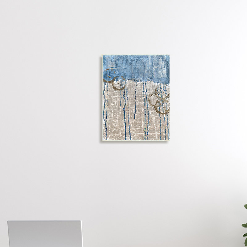 Abstrait bleu dégoulinant sur une grille de style osier - Peinture, H 19 po x l 13 po x P 0,5 po, Unframed