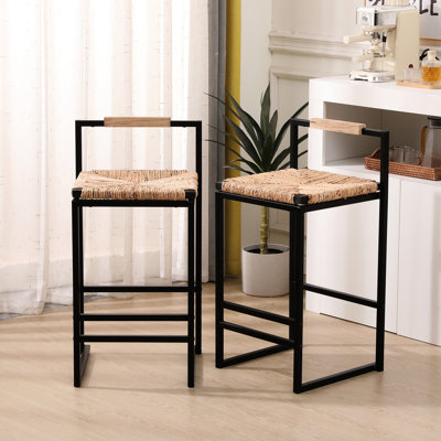 Water Hyacinth Woven Bar Stools With Back Support, 2 - Chairs For Kitchen, Dining, Office Of 2 Weave Supported Metal Frame Versatile Use 16.53" L X15.18" W X31.5'' H