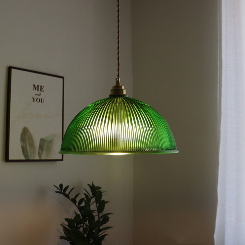 Antique Brass Dome Ribber Glass Pendant Light, Green