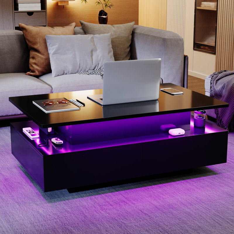 Rectangular LED Coffee Table with 4 Drawers, Black