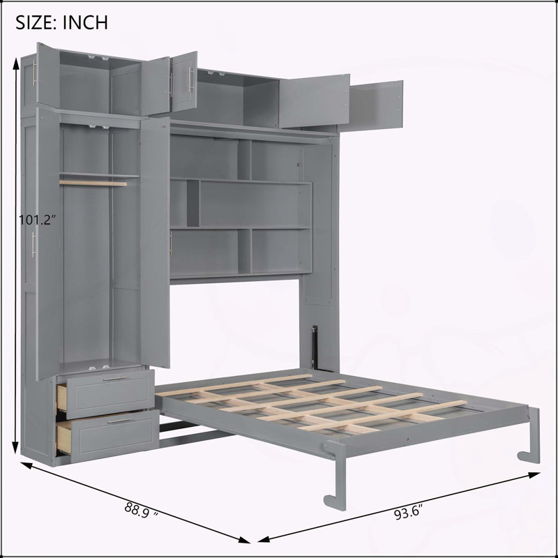 Grand lit escamotable mural avec armoire supérieure, gris