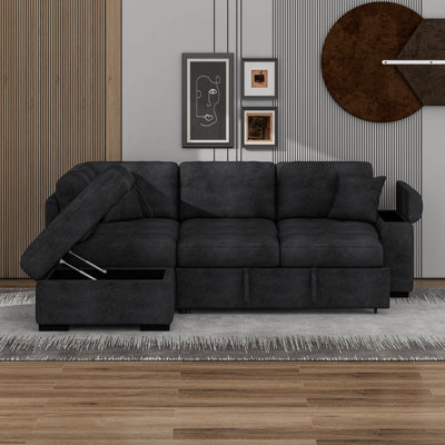 Sleeper Sectional Sofa, L-Shape Corner Couch Sofa-Bed With Storage Ottoman & Hidden Arm Storage & USB Charge