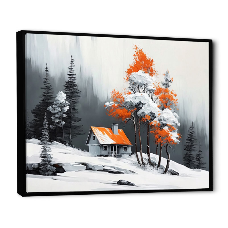 Monochère orange chalet en hiver 1 IV - paysage, art mural sur toile, H 30 po x l 40 po x P 1,5 po, Cadre flottant noir