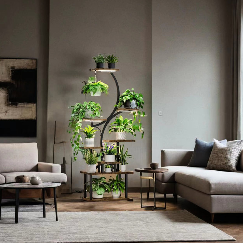 Support pour plante de 61 pouces de hauteur à 8 niveaux avec lumières à minuterie - support en forme de S en métal, noir, facile à assembler, facile à déplacer, maison et patio