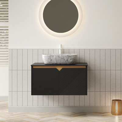 Bathroom Vanity 48 Inches, Floating Storage Cabinet Of Plywood, Twill Double Doors With Metal Decorations, White Marble Ceramic Basin, Sintered Stone Countertop, Oak Wood Color, Good Water