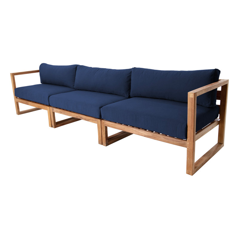 Jakaleb 123'' Wide Teak Patio Sofa with Sunbrella® Cushions, Navy