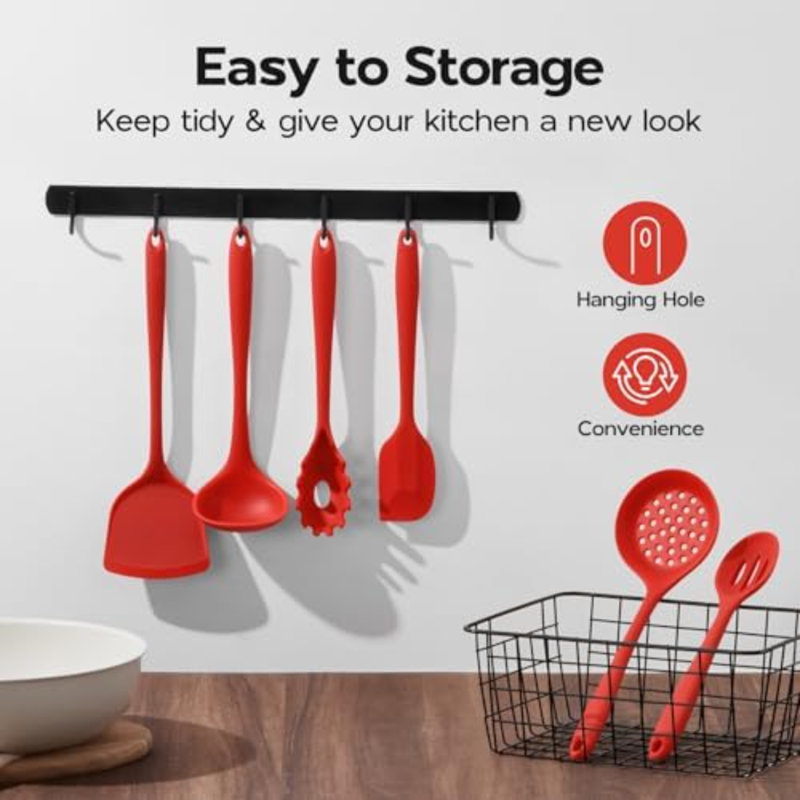 Ensemble d'ustensiles de cuisine en silicone, rouge, 6 pièces, résistant à la chaleur, compatible avec les revêtements antiadhésifs et non toxique.