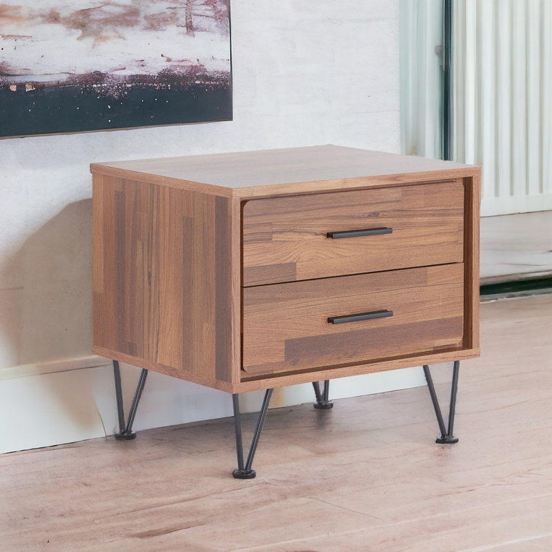 Table d'appoint en noyer avec rangement à 2 tiroirs et boîtes en métal