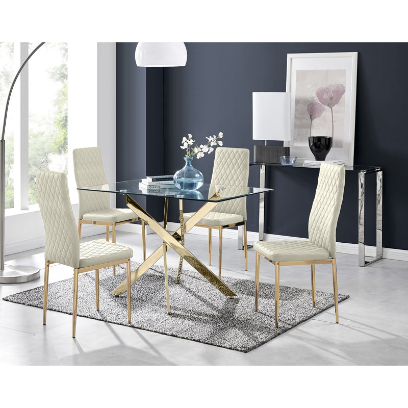 Lenworth Glass Rectangular Dining Table Set with 4 Quilted Velvet Dining Chairs, Gold, Cream