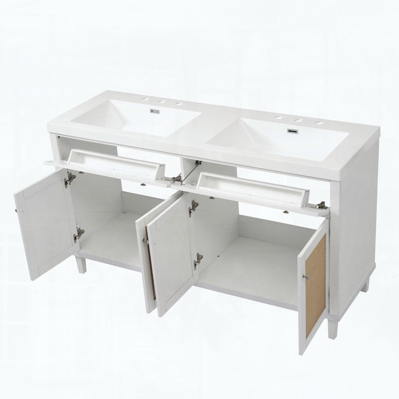 Meuble-lavabo double avec lavabos SMC, plateaux basculants et portes en rotin