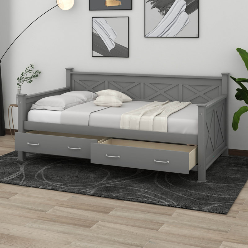 Lit de jour simple avec 2 grands tiroirs Rhonnie, structure en forme de X, gris