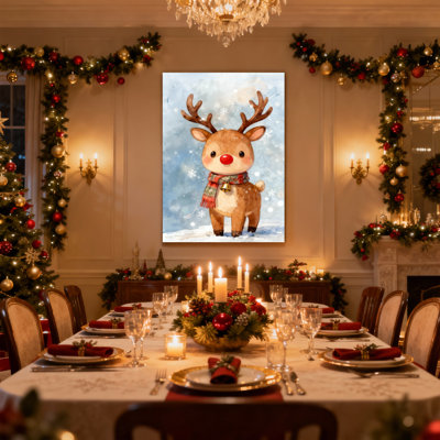 Mignon renne de Noël avec nez rouge et écharpe, ensemble de 3 impressions sur toile